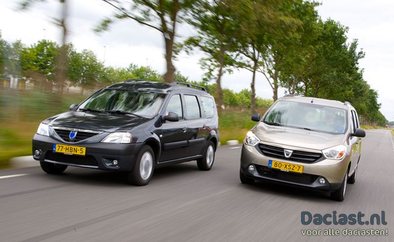 De twee Dacia's gebroederlijk naast elkaar